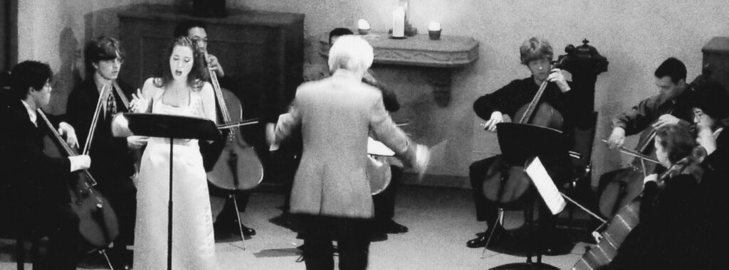 Singing with a cello ensemble, chamber music performance. photo of a live performance Recording